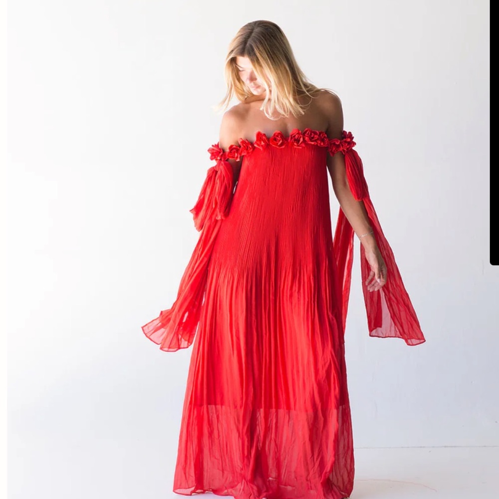 Off-Shoulder Red Floral-Trim Maxi Dress